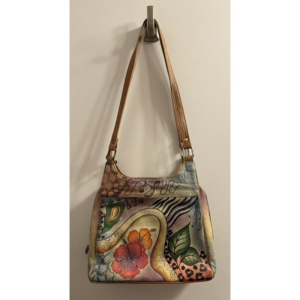 Anuschka Leather Hand Painted Bag Shoulder Strap Hibiscus Flower Cheetah Print
